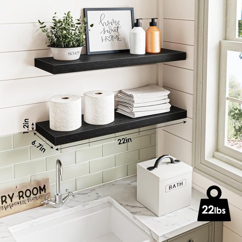 Fixwal Black Floating Shelves - 22" Rustic Wall-Mounted Wood Shelves for Living Room, Bedroom & Kitchen | Set of 2