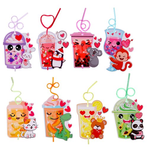 48 Pcs Valentines Day Straws with Valentines Day Cards Colorful Crazy Reusable Straws for Exchange Gifts Prizes Valentine Party Favors Decorations Fun Stocking Stuffers(8 Styles)