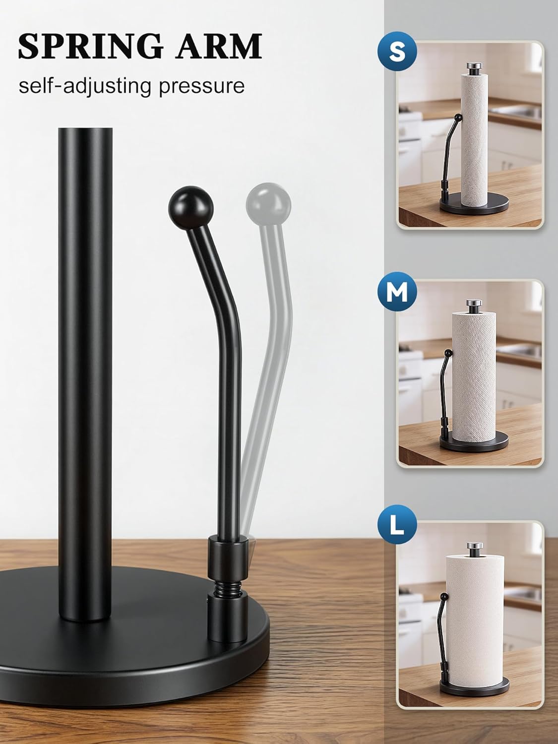 SMARTAKE Paper Towel Holder - Weighted Non-Slip Dispenser with Spring Arm for Most Rolls - Black Stainless Steel