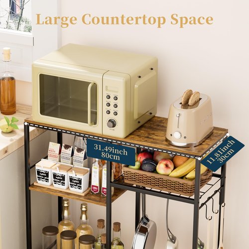Consumest Microwave Stand, Adjustable Coffee Bar Cabinet, Multifunctional Pan Organizer with 6 Hooks and 3 Shelves, Bakers Rack for Shovel, Pots, Fruits, Vegetables, Brown&Black