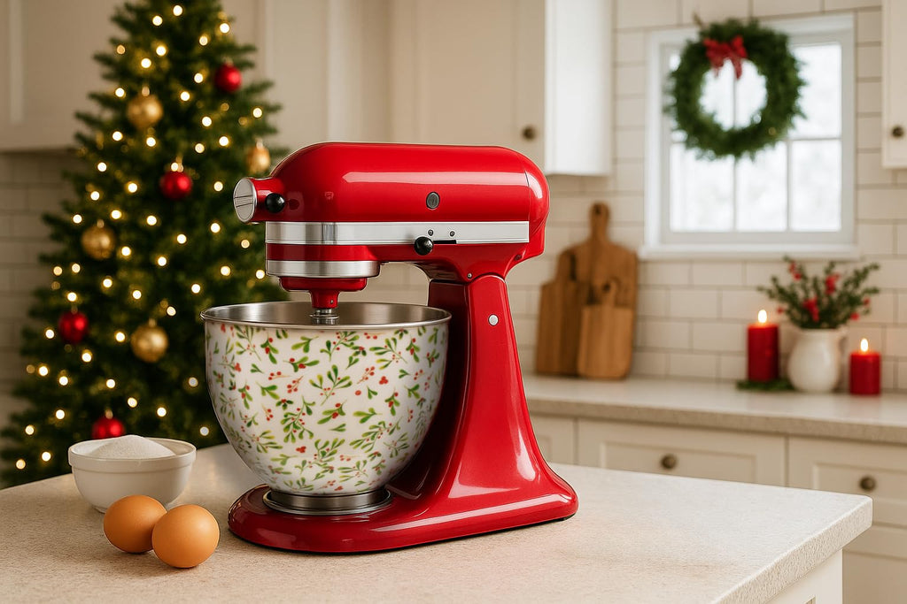 Biscuitique Stainless Steel Mixer Bowl with Stunning Floral Holly Berry Pattern Compatible with Kitchen Aid Tilt-Head 4.5 Quart and 5QT Stand Mixer