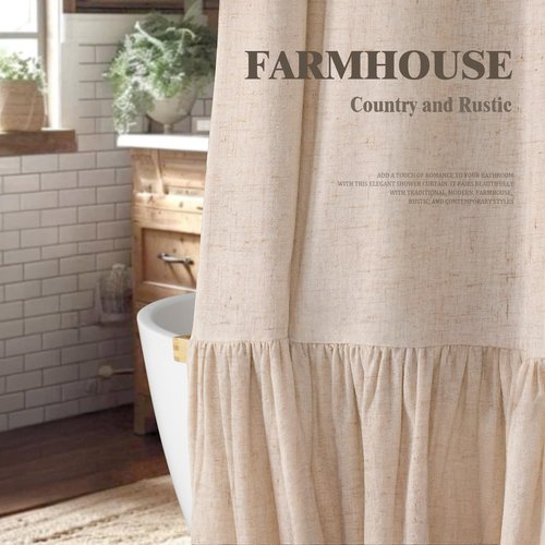 XOGUIBO Farmhouse Shower Curtain with Ruffle Hem Linen Beige Shower Curtains for Bathroom Boho Country Rustic Natural Fabric, 72" W x 72" L