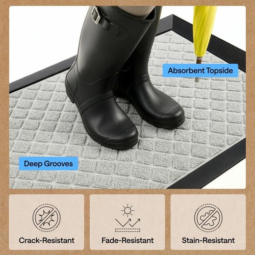 GORILLA GRIP Waterproof All-Season Doormat - Natural Rubber, Stain & Fade Resistant, Easy Clean | 29x17, Light Gray