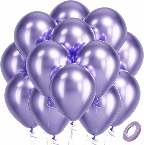 Bezente Metallic Purple Latex Balloons - 100 Pack of 12" Round Helium Chrome Lavender Party Decor