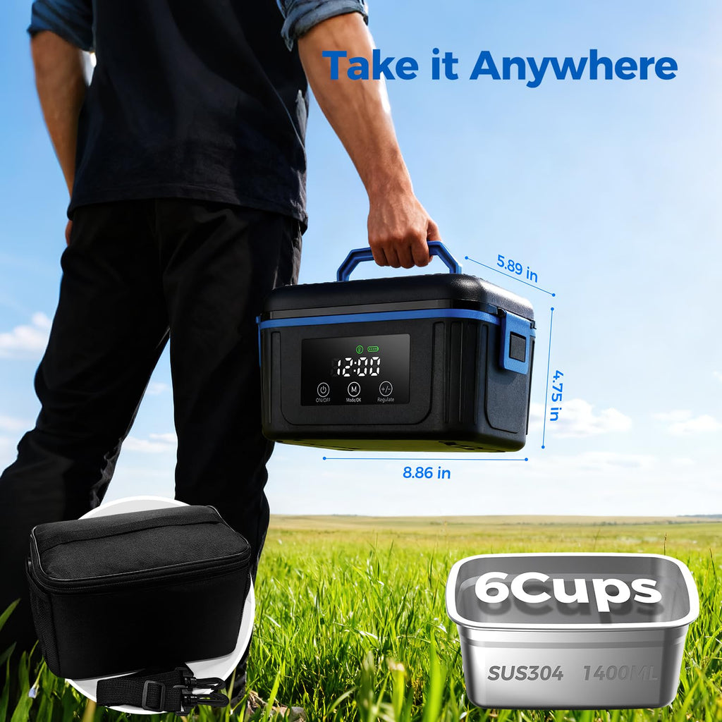 POFABIK Cordless Electric Lunch Box for Adults, Heated Lunch Box for Men, 6 Cups Self Heating Lunch Box, Battery Powered, 304 Stainless Steel, 18000mAh, Portable Food Warmer with Insulated Carry Bag