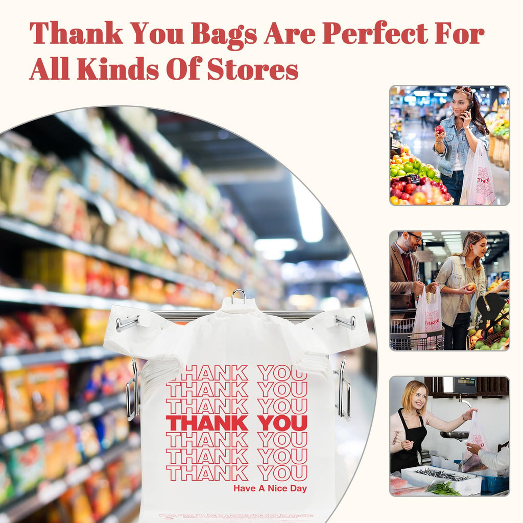 Delxo Grocery Bags Thank You Plastic T-Shirt Bag (1000 Count), White Supermarket Shopping Bags with Handles for Restaurant, Retail, To Go, Takeout, Convenience Stores 11.5 x 6.5 x 21 In