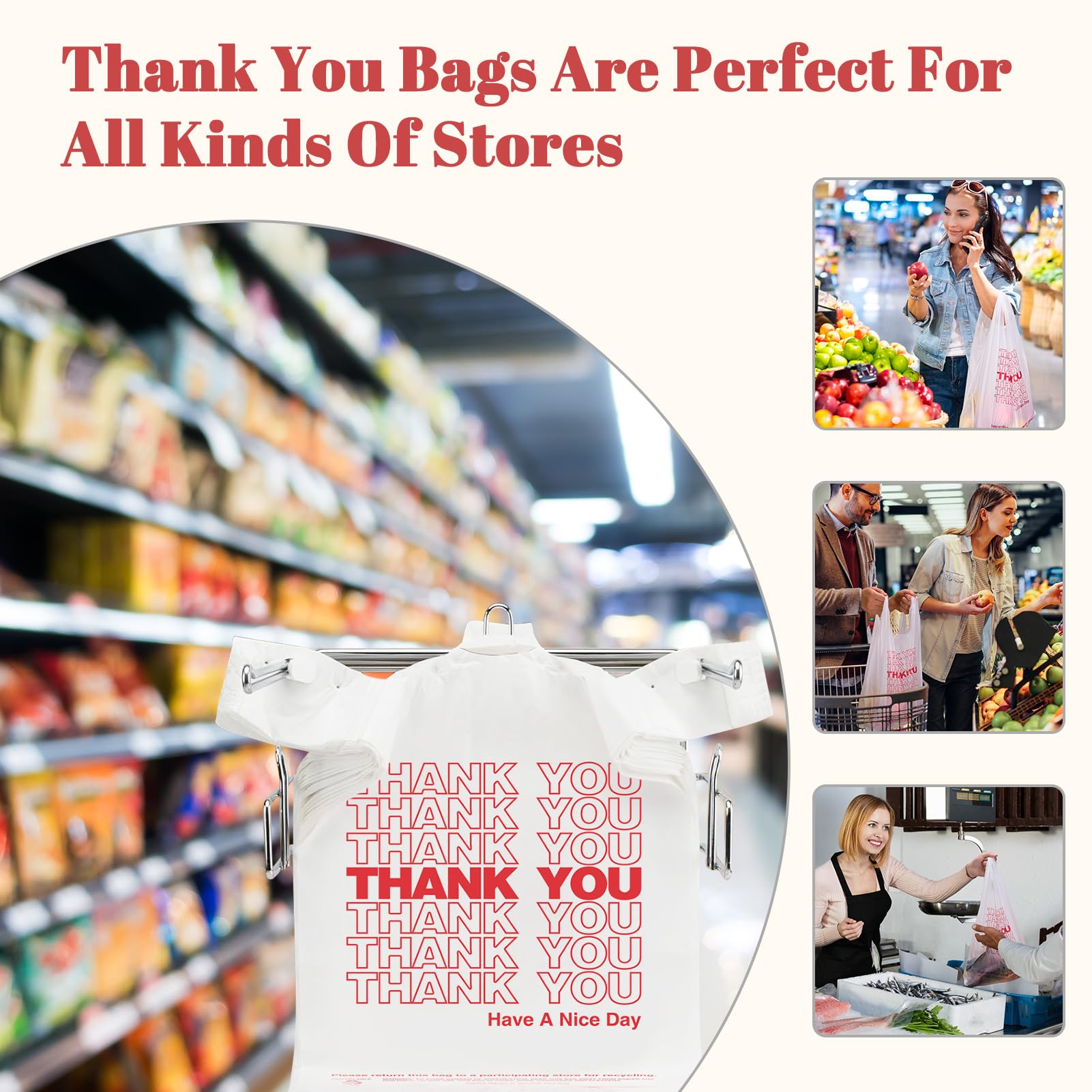 Delxo Grocery Bags Thank You Plastic T-Shirt Bag (1000 Count), White Supermarket Shopping Bags with Handles for Restaurant, Retail, To Go, Takeout, Convenience Stores 11.5 x 6.5 x 21 In