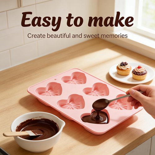 2PCS Heart Shaped Silicone Molds with Bows, Non-Stick Baking Molds for Chocolate, Candy, Gummy, Ice Cubes, Soap, Mousse & Candles