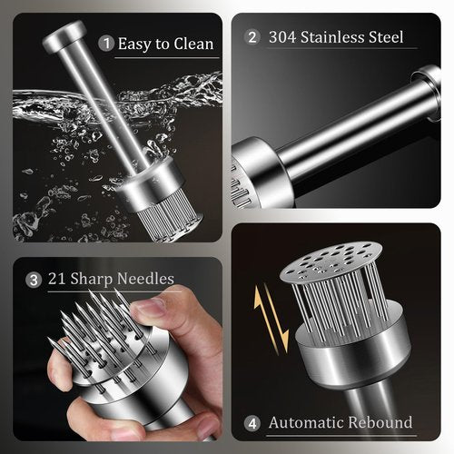 hillokyeah Meat Tenderizer Tool, with 21 Needles Retractable Safety Guard, 304 Stainless Steel,for Tenderizing Beef,Steak, Chicken, Turkey, Dishwasher Safe
