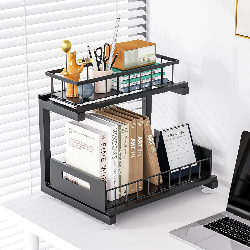 Under Sink Organizer by Regine Switzerland - Heavy Duty Metal Pull-Out Cabinet Shelf | Adjustable Multi-Purpose Storage (Black, 2-Pack)