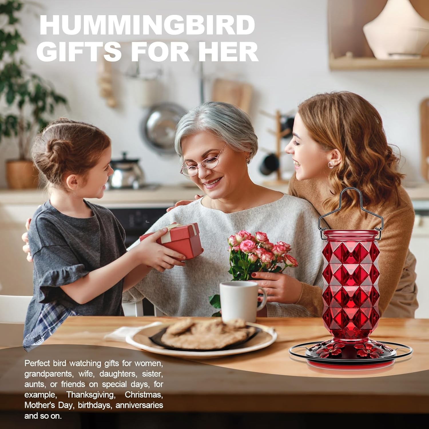 Skiennix Glass Hummingbird Feeder - 25oz Leak-Proof Nectar Feeder with Perch & 5 Flower Ports | Red Garden Decor