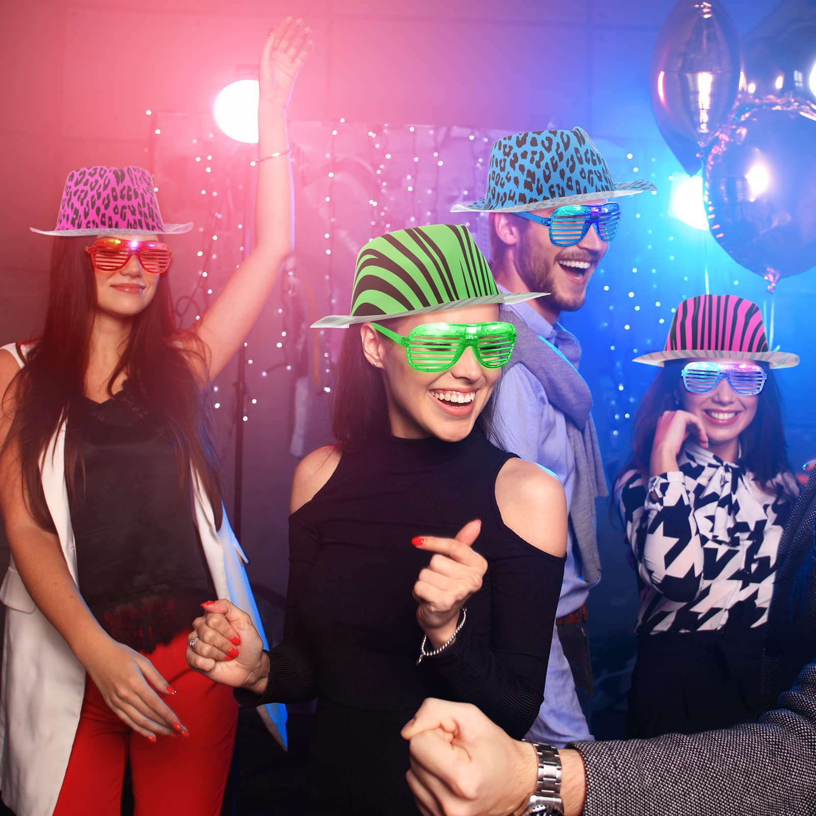 60 Set Party Hats Glasses Including 30 Neon Animal Print Plastic Hats and 30 Flashing LED Light up Glasses for Adult Birthday Bachelorette Party Props