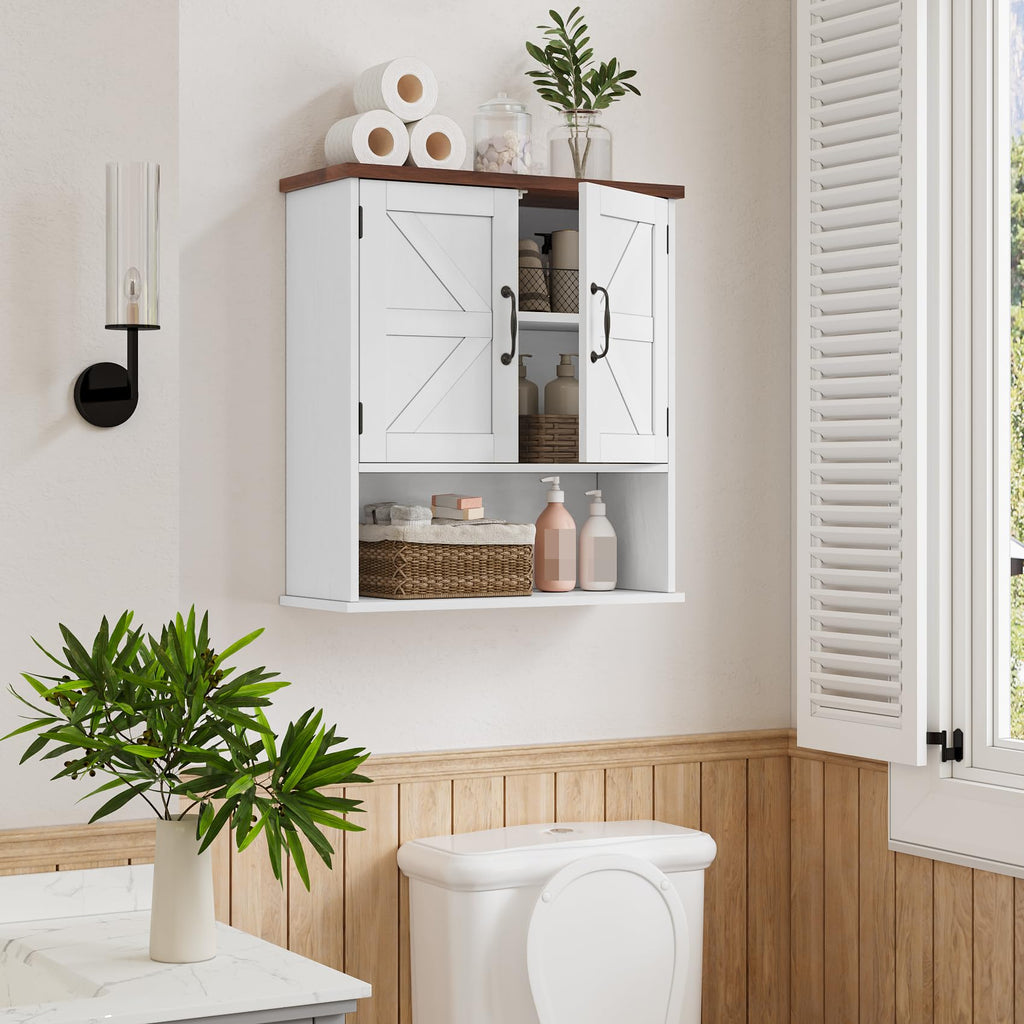 Mino Kesper Bathroom Wall Cabinet with Barn Doors, Wall Mounted Bathroom Cabinet, Farmhouse Style, Adjustable Shelf, Wall Mounted Medicine Cabinets, White