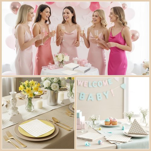 NatNarr 80 Pcs Gingham Napkins, 6.5X6.5 Inch Light Brown Napkins Disposable Beige and White Plaid Napkin for Bridal Baby Shower, Wedding, Picnic
