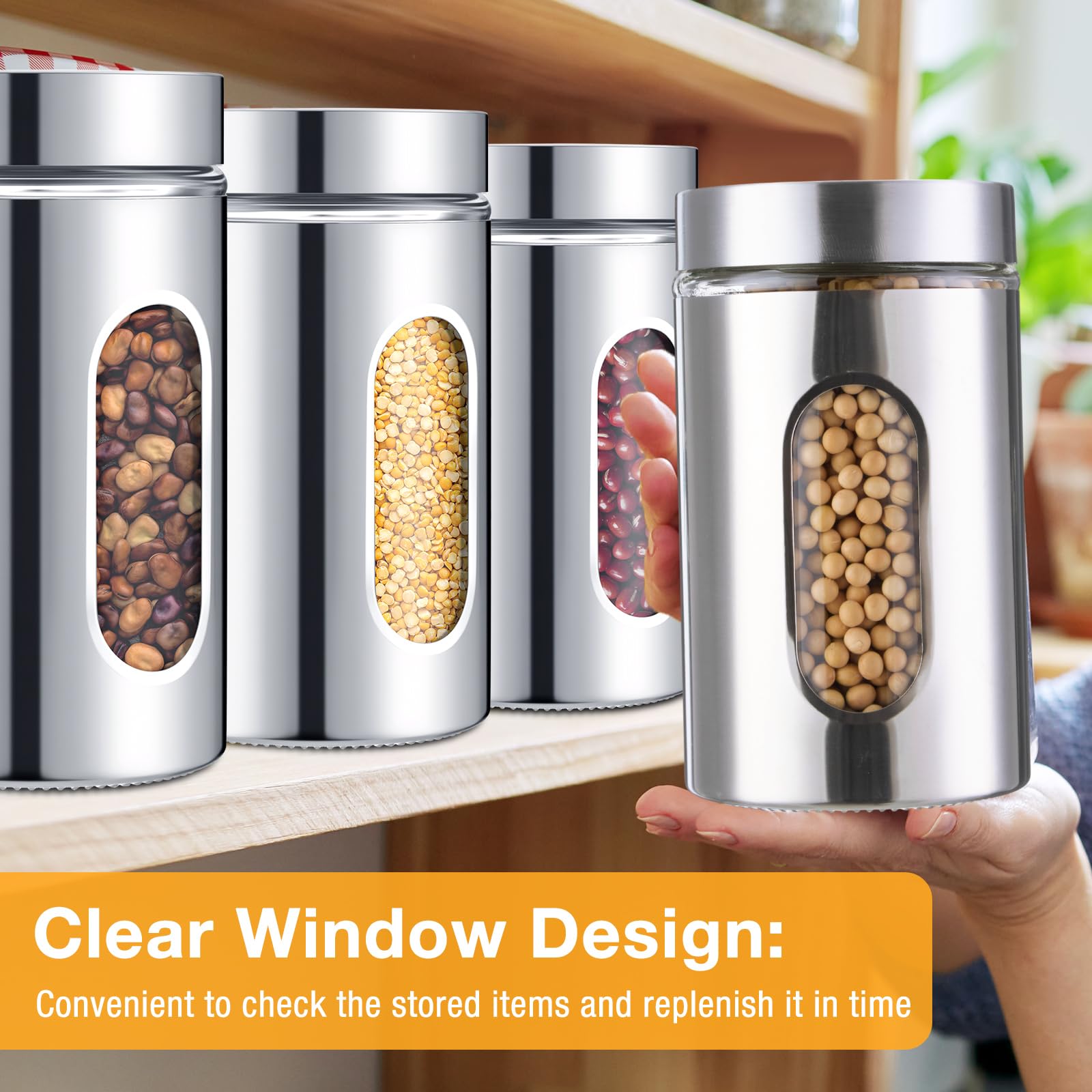 Mimorou 6 Pack Kitchen Canisters Set Airtight Coffee Sugar Tea Candy Storage Jars with Window Glass Stainless Steel Containers with Lids for Flour Cookies Spices Grains Kitchen Decorations(32 oz)