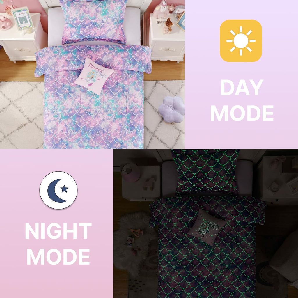 Wink Deer Twin Comforter Set for Girls-3 Pieces Mermaid Glow in the Dark Twin Bedding Sets for Kids,1 Comforter,1 Sham and 1 Decor Pillow