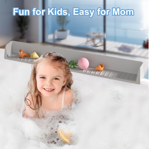 Aqqwxyq Longer Bathtub Splash Guard for Tub Kids, Bathtub Water Guards Play Shelf for Bathing, Toy Tray Caddy Holder for Tub, Silicone Tub Splash Guard Prevent Water Spills in Bathroom (2.6FT, Grey)