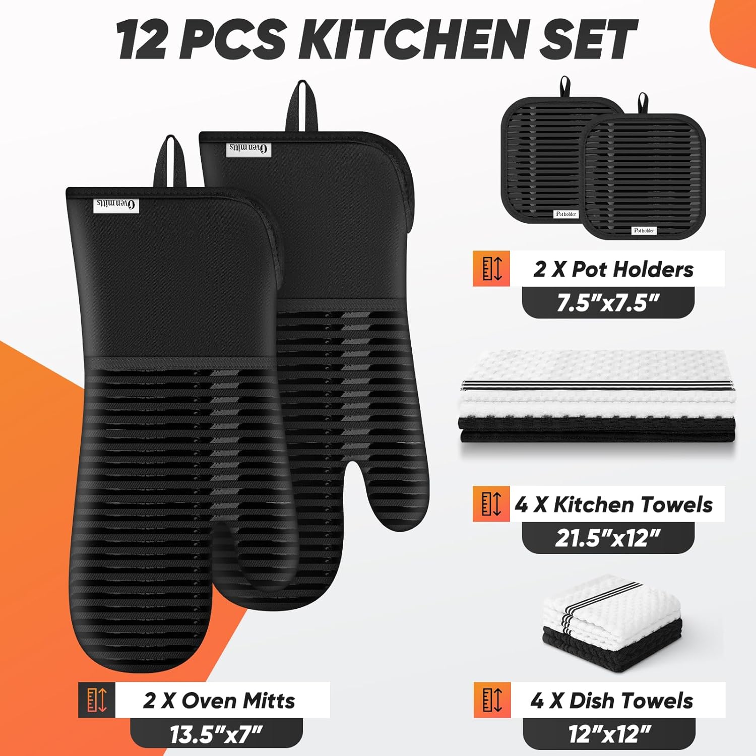 Skiennix Oven Mitts Set - 500°F Heat Resistant Gloves with Silicone Grip & Kitchen Towels | 2 Gloves, 2 Potholders, 4 Towels