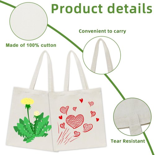 HECTOLIFE 24 Pack Canvas Tote, Reusable Blank Canvas for Shopping,Grocery Bags,DIY Gift Bags