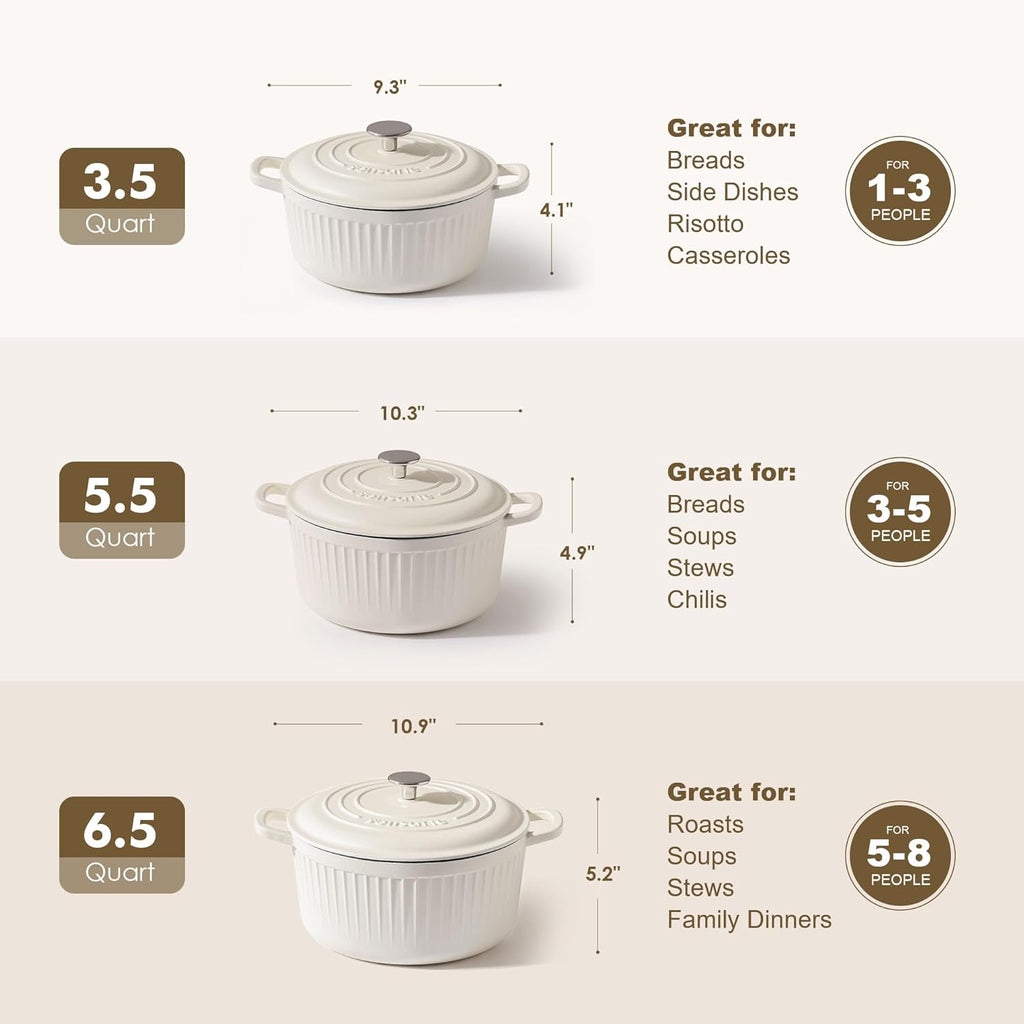 SENSARTE Enameled Cast Iron Dutch Oven - 3.5 Quart Heavy-Duty Kitchen Pot with Lid & Potholders | White