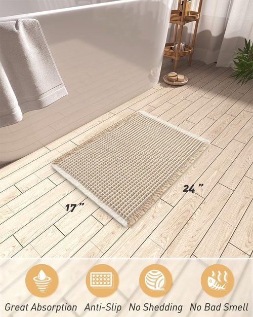 AMOAMI Waffle Bath Mat - Super Absorbent Non-Slip Design | Ultra Soft & Machine Washable, 17" x 24", Brown & Cream