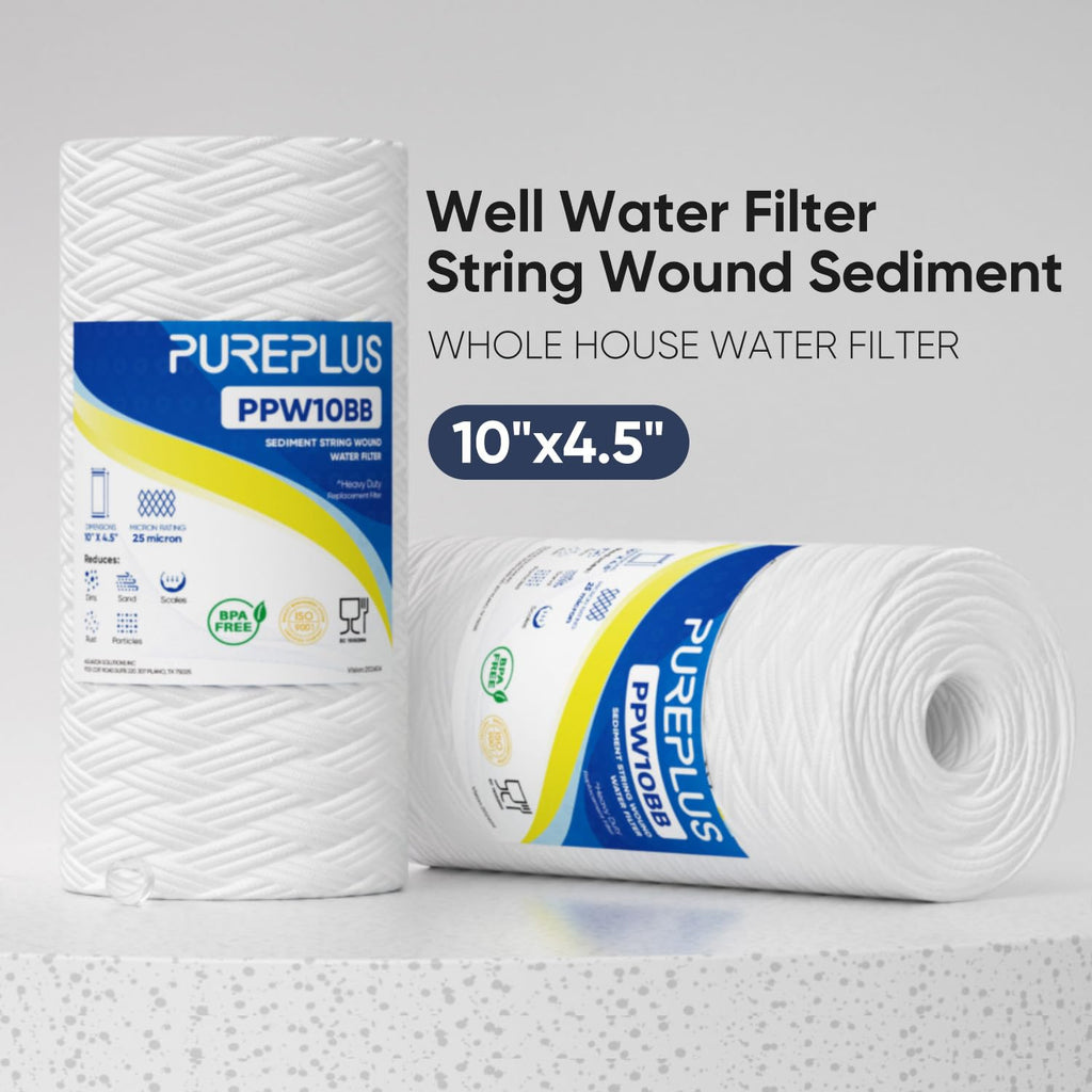 PUREPLUS 25 Micron 10 x 4.5 Whole House String Wound Sediment Filter for Well Water, Replacement Cartridge for 84637, WPX5BB97P, PC10, CW5-BBS, 355215-45, WP10BB97P, WP5BB97P, 4Pack