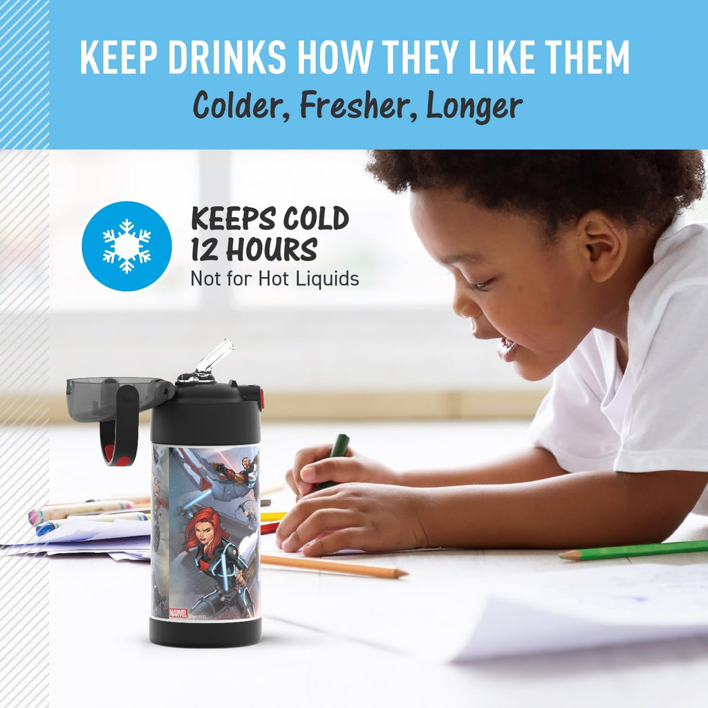 THERMOS FUNTAINER Water Bottle - 12 Ounce Kids Stainless Steel Vacuum Insulated with Straw | Avengers Design
