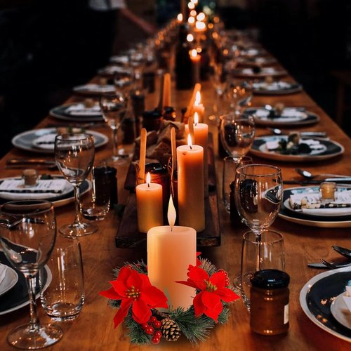 Christmas Candle Rings by [Brand Name] - Set of 2 Pinecone & Red Poinsettia Wreaths for Pillar & Taper Candles | Festive Centerpieces for Holiday Decor