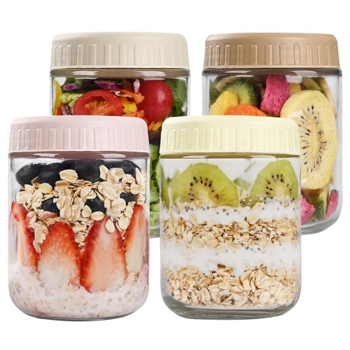 SHOWIN Overnight Oats Containers with Lids, 16oz Glass Jars with Lids 4 pcs, Wide Mouth Mason jars for Salad, Yogurt, Snacks, Meal Prep