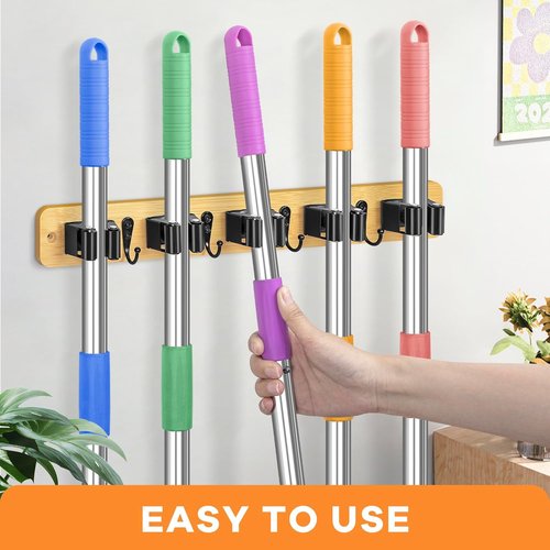 IMILLET Broom Holder Wall Mount - Bamboo Mop Organizer with 5 Racks & 4 Hooks | Home Storage Solution