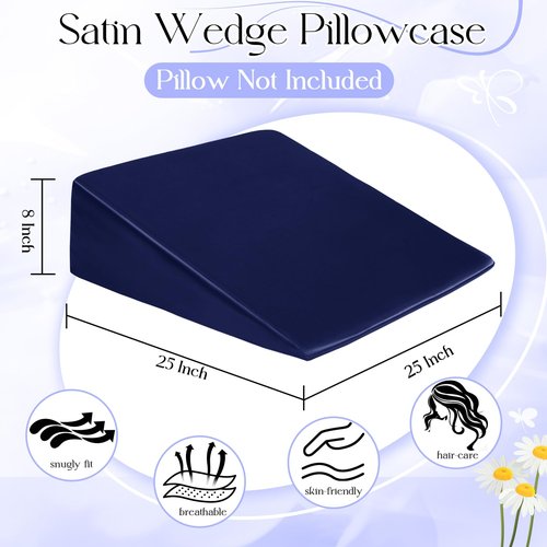 RUDONG M Satin Wedge Pillow Cover 25"x25"x8" - Soft Breathable Zippered Wedge Pillow Case, Machine Washable Pillowcase (Navy Blue, 1 Pack - Pillow Not Included)