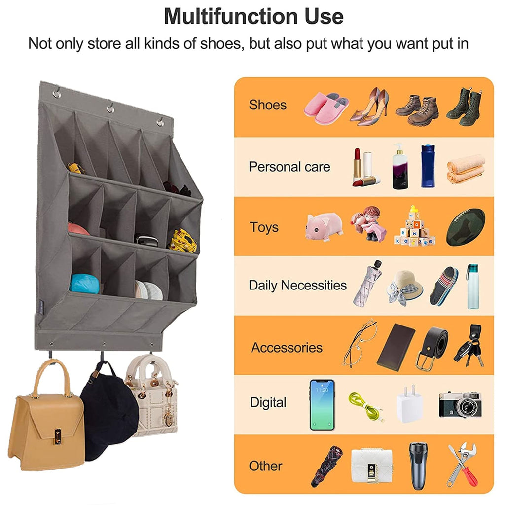 NELLHOMY Over the Door Shoe Organizer, Grey 12 Pockets Hanging Shoe Storage Rack with Large Deep Pockets, Oxford 600D Fabric Shoe Storage Rack with 6 hook for Shoes, Home Accessories etc