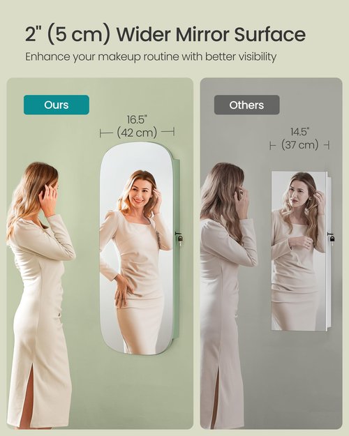 SONGMICS Jewelry Organizer, LED Jewelry Cabinet Wall/Door Mounted, Lockable Rounded Wide Mirror with Storage, Interior Mirror, 3.9 x 16.5 x 42.5 Inches, Laurel Green Surface with Cream White Lining