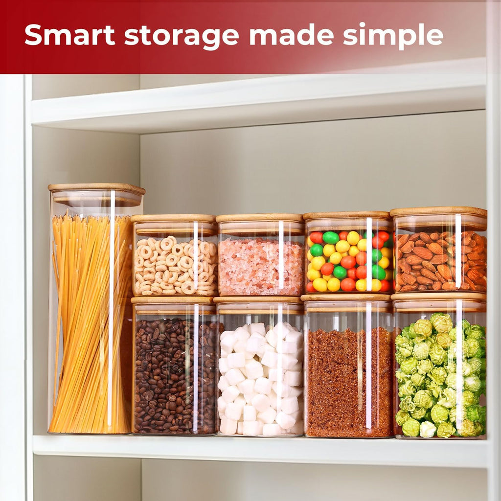 Skiennix 1Qt Airtight Glass Canisters - Bamboo Lid Square Storage for Coffee, Snacks & Dry Goods | 4-Pack