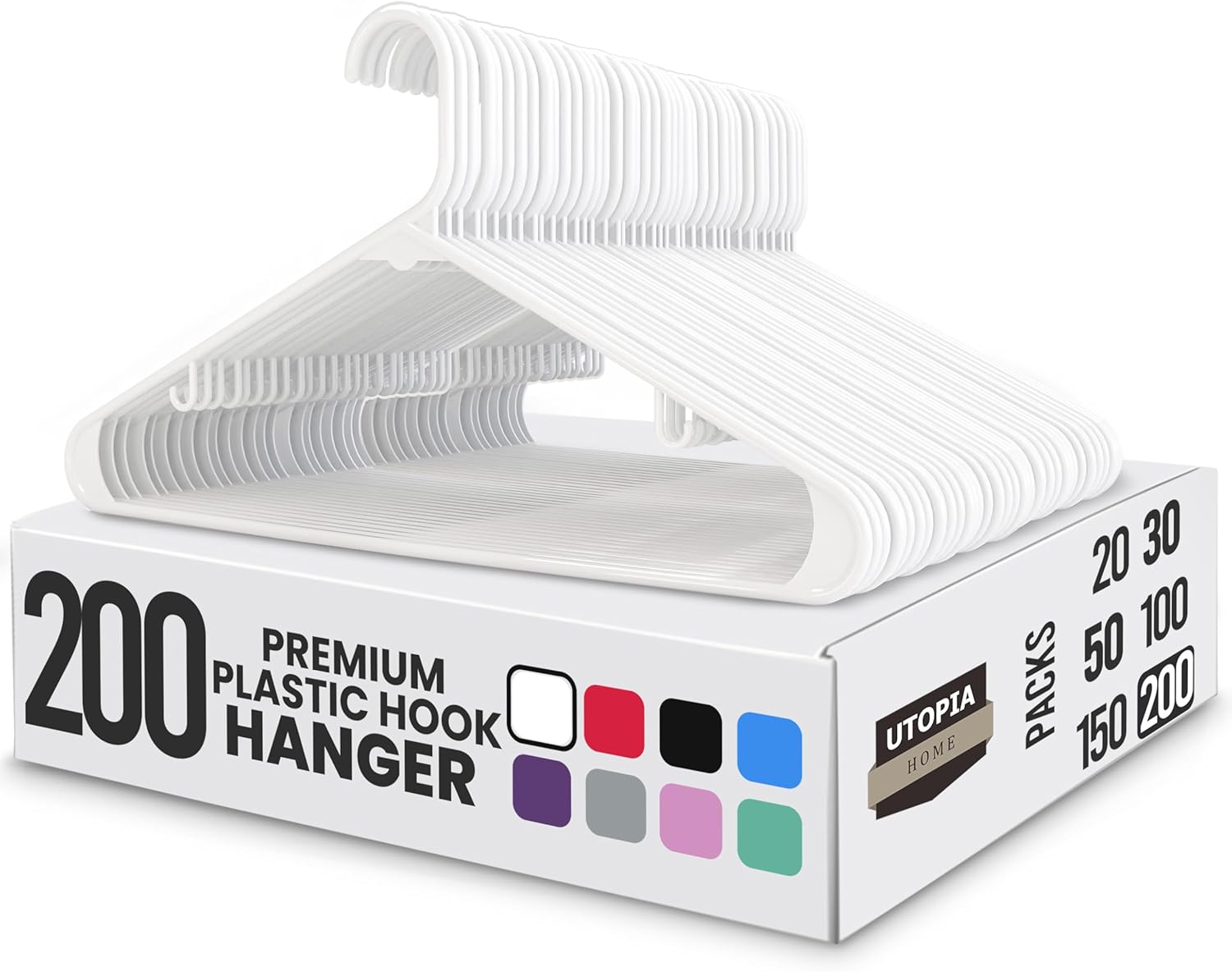 Utopia Home Plastic Hangers 200 Pack - Durable Space-Saving Closet Organizers - Ideal for Shirts, Pants & Coats (White)