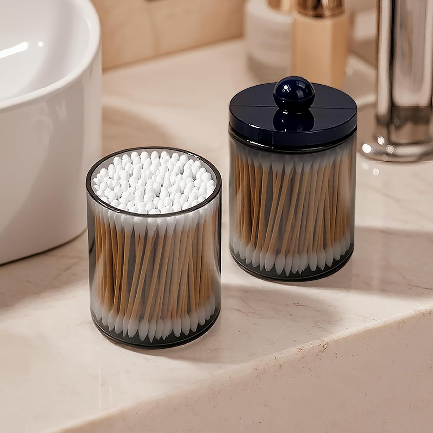 Skiennix 2-Pack Black Plastic Qtip Holder - Stylish Bathroom Vanity Organizer for Cotton Swabs & More