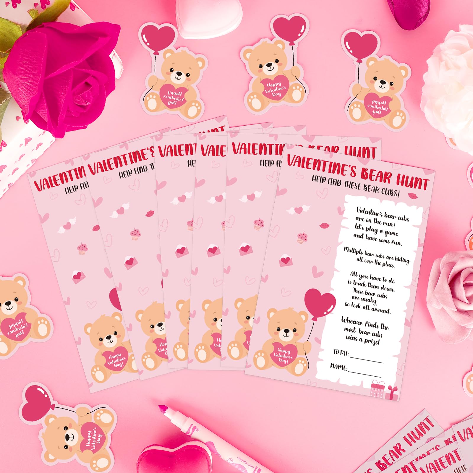 COCHIE Valentine's Day Games for Classroom Party Family Adults Office Large Groups, Valentines Bear Bub Hunt Game School Activities with 50 Paper Bears - 25 Players (Bear Hunt)