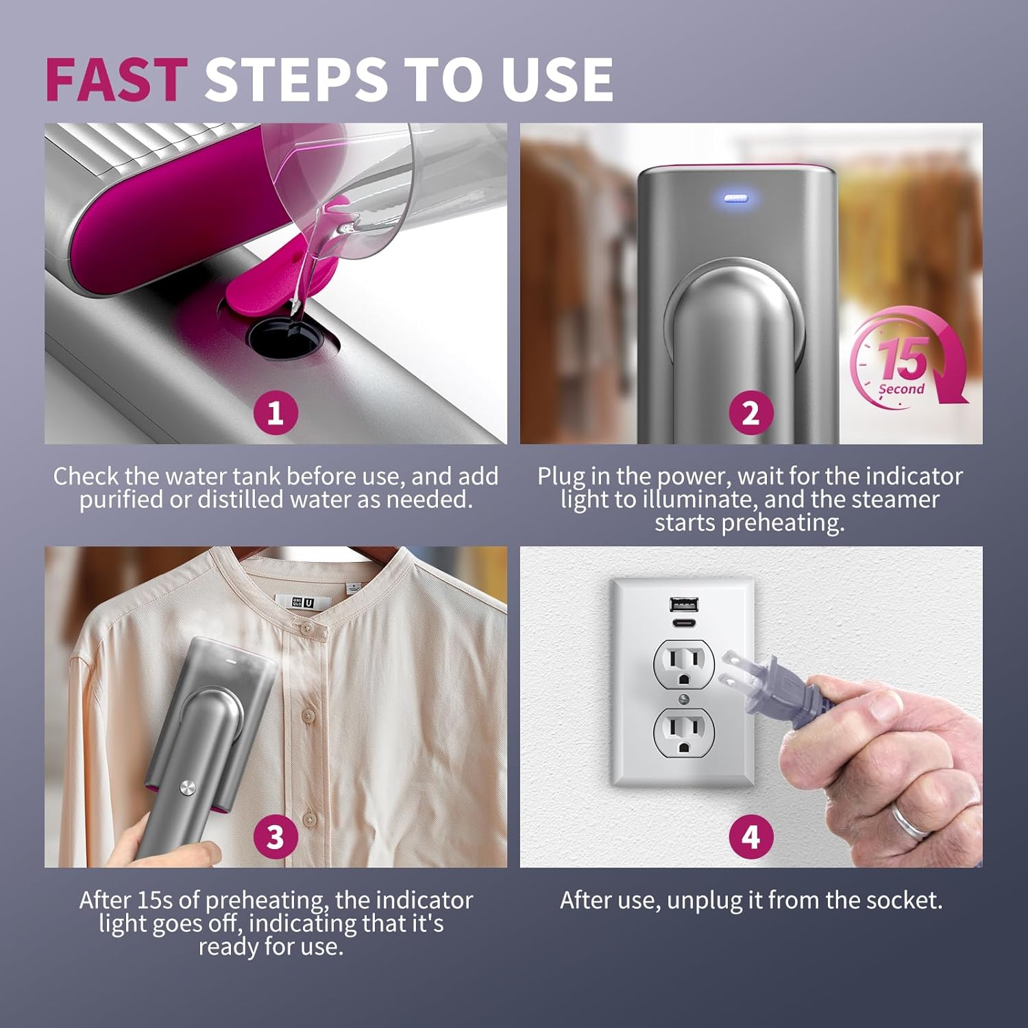 Skiennix Portable Garment Steamer - Fast Heat-Up in 15s, 70ml Water Tank, Travel-Friendly | Silver Gray