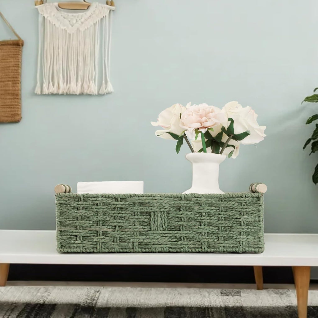 Regine Switzerland Toilet Paper Storage Basket - Decorative Green Wicker Organizer with Wooden Handles