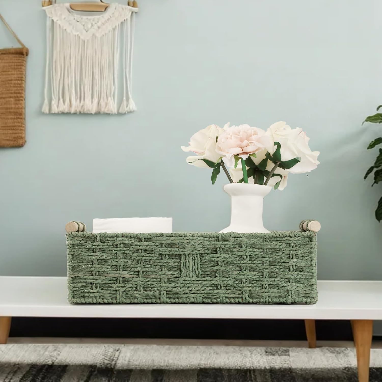 Regine Switzerland Toilet Paper Storage Basket - Decorative Green Wicker Organizer with Wooden Handles
