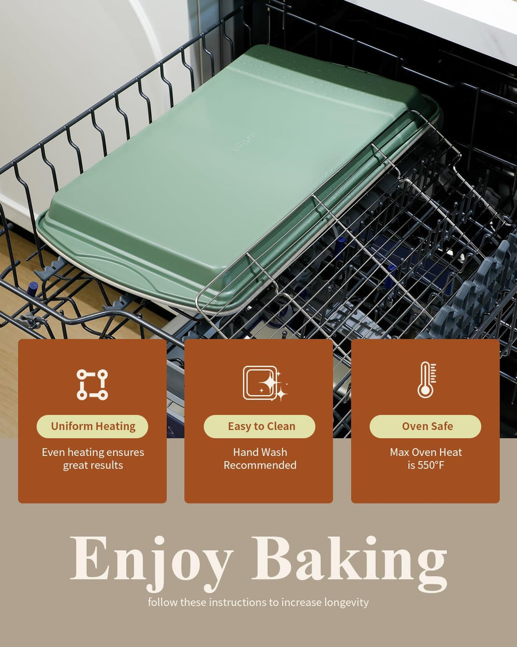 Nonstick Crisp Baking Tray - Ceramic Coating Jelly Roll Cookie Sheet Pan | 15x10, PTFE & PFOA Free, Oven Safe 550°F, Dishwasher Safe, Pistachio Green
