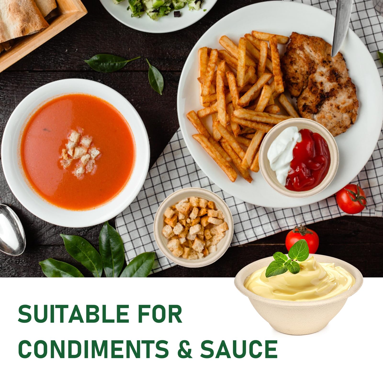 Bionutrio 6 oz Small Disposable Bowls, 300 Pack Bulk Paper Bowls for Chili, Sauce, Cereal, Compostable Eco-Friendly Bagasse Bowl, Microwavable, Leak-Proof, Sturdy