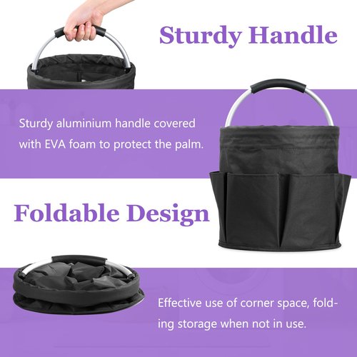 IHOMAGIC 17L Cleaning Caddy with Handle and 6 Pockets, Foldable Cleaning Supply Caddy, Portable Shower Caddy in 600D Oxford Fabric, Multifunctional Storage Basket for Camping, Gardening, Black