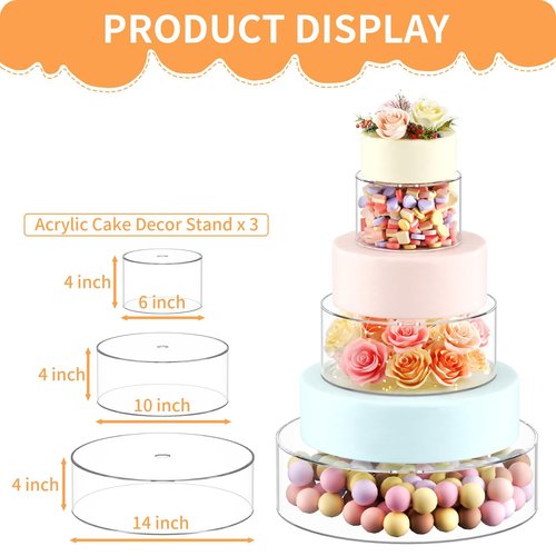 NPPLUS 3PCS Clear Acrylic Cake Stand, Fillable Cake Box Riser Cake Tier, Round Cake Display Box with Lid, Decorative Centerpiece Box for Wedding Birthday Party (14" Dx4 H,10" Dx4 H,6" Dx4 H)