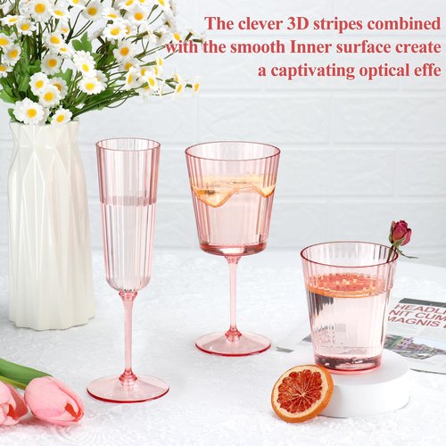12 Pack Plastic Champagne Flutes Pink Unbreakable Ribbed Champagne Glasses Detachable 5.5 Oz Disposable Stemware Glasses Wine Toasting Cups for Wedding Valentines Engagement Pink Themed Party