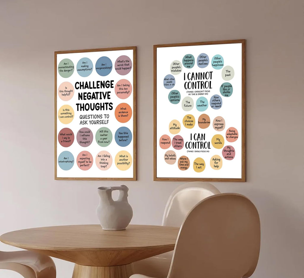 2Pcs Mental Health Wall Art - Motivational Canvas Prints for Challenging Negative Thoughts | 12x16in Unframed Decor