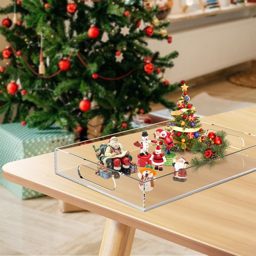 2 Pack Acrylic Serving Tray with Handle-17x12x2.4&16.2x11.2x2.4 Inch Clear Acrylic Trays Set for Kitchen,Bathroom -6mm Thick Large Stackable Display Organizer,Non Slip