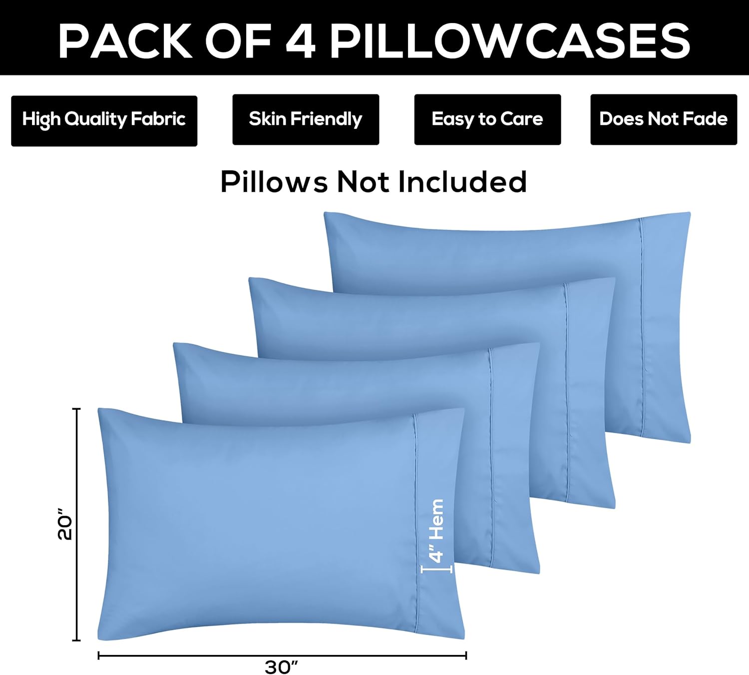 Utopia Bedding Queen Pillowcases - Soft Brushed Microfiber - 4 Pack, Envelope Closure, Dutch Blue 20x30 Inches