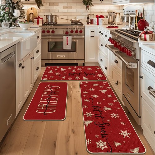 Artoid Mode Xmas Trees Snowflake Let It Snow Merry Christmas Kitchen Mats Set of 3, Winter Decor Low-Profile Kitchen Rugs - 24"x35"+24"x59"+24"x72"