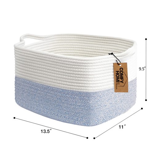 Comfy-Homi Cotton Rope Woven Storage Basket - Stylish Organizing Bin with Handles | 13.5"x11"x9.5" | White/Blue